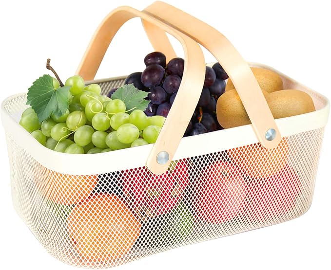 Garden Harvest Basket,Delicate Harvest Basket for Garden Vegetables,Practical Metal Mesh Wire Basket with Handle Suitable for Bathroom,Cabinet,Kitchen(White)-VerdiqueGarden