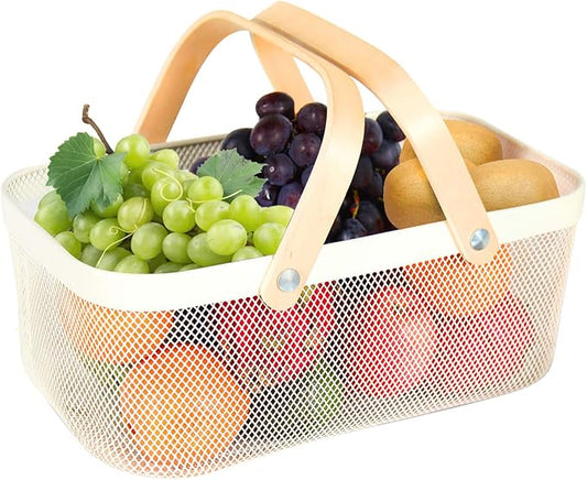 Garden Harvest Basket,Delicate Harvest Basket for Garden Vegetables,Practical Metal Mesh Wire Basket with Handle Suitable for Bathroom,Cabinet,Kitchen(White)-VerdiqueGarden