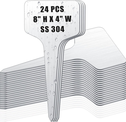 Hicarer 24 Pcs Durable Metal Plant Labels Christmas Gift Weatherproof Garden Markers Engraving Stainless Steel 304 T-Type Reusable Plant Tags for Gardeners Outdoor Greenhouse Vegetables(4x8 Inch)-VerdiqueGarden