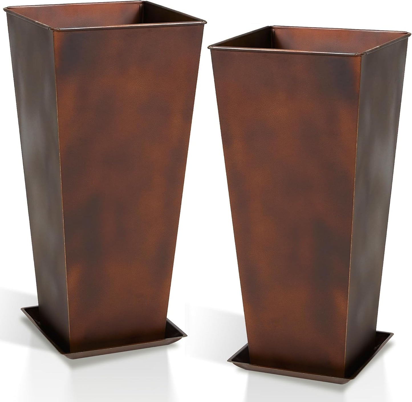 Worth Garden 12" Dia x 28" H Large Metal Planter Set of 2, Matte Bronze Retro Finish Tall Square Tapered Steel Plant Pots, Decor Flower Pots Indoor & Outdoor, Drainage Hole & Dual-Purpose Plant Saucer-VerdiqueGarden