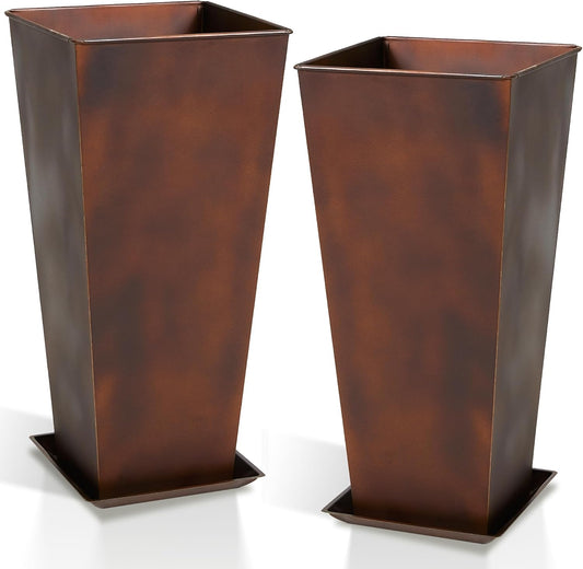 Worth Garden 12" Dia x 28" H Large Metal Planter Set of 2, Matte Bronze Retro Finish Tall Square Tapered Steel Plant Pots, Decor Flower Pots Indoor & Outdoor, Drainage Hole & Dual-Purpose Plant Saucer-VerdiqueGarden