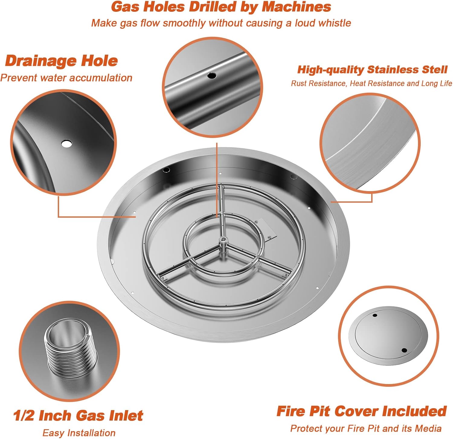 Skyflame 25 Inch Round Stainless Steel Drop-in Fire Pit Pan Fire Bowl with Burner Ring and Protective Cover, DIY Firepit System Assembly Set for Both Natural Gas and Liquid Propane-VerdiqueGarden