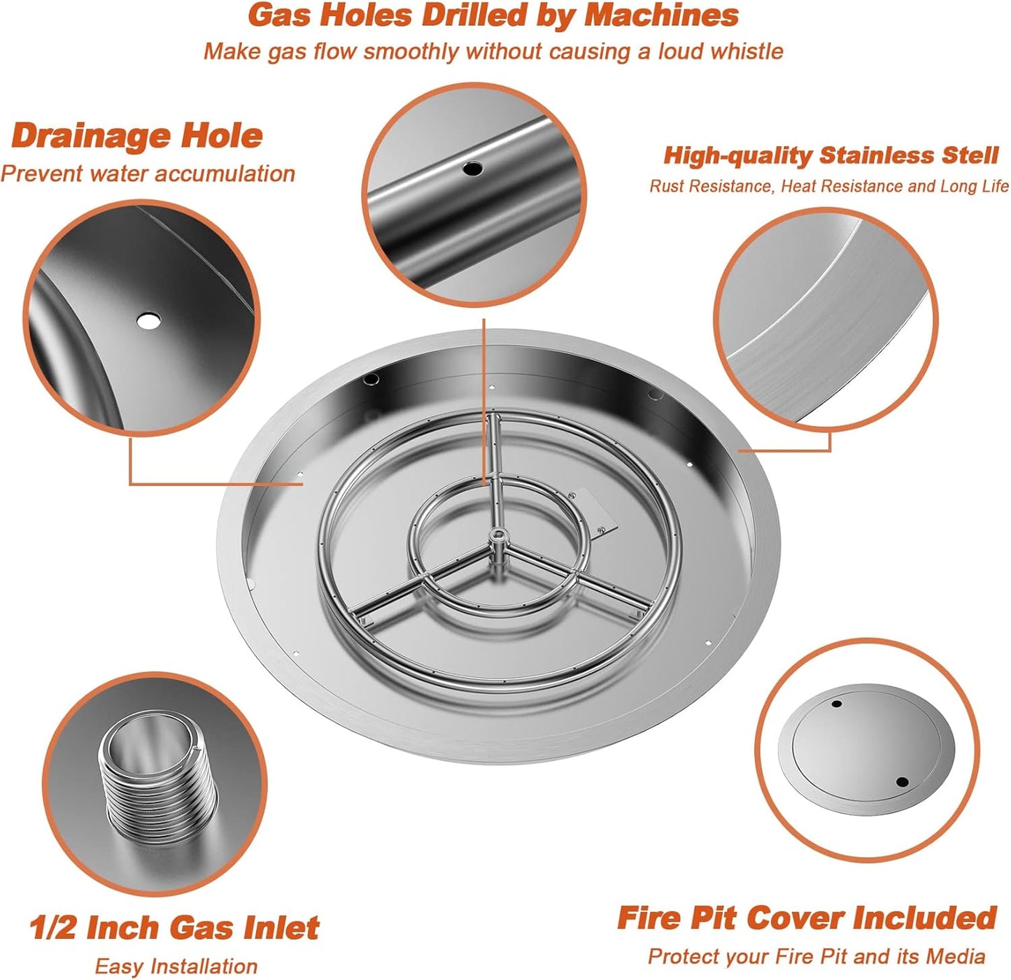 Skyflame 19 Inch Round Stainless Steel Drop in Fire Pit Pan Fire Bowl with Burner Ring and Protective Cover-VerdiqueGarden
