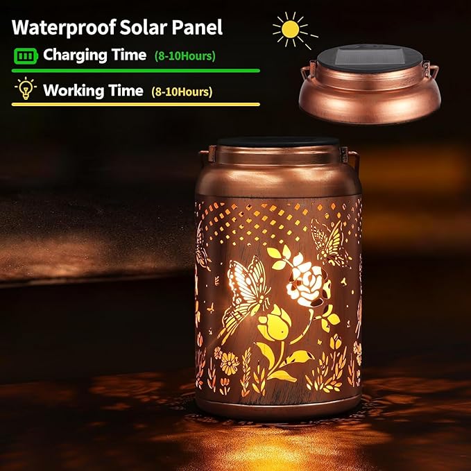 2 Pack Solar Lanterns Outdoor Waterproof, Butterfly Rose Garden Decor Birthday Gifts for Women Mom Grandma Hanging Solar Lights Metal Solar Decoration Outside for Yard, Patio, Lawn, Pathway-VerdiqueGarden