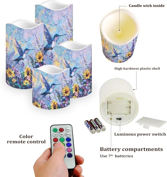 Ystardream Flameless LED Battery Candles Pack of 4 Waterproof Pillar Candles Tealights with 18-Key Timer Remote Colorful Lights for Outdoor Home Decoration Oil Painting Hummingbird-VerdiqueGarden