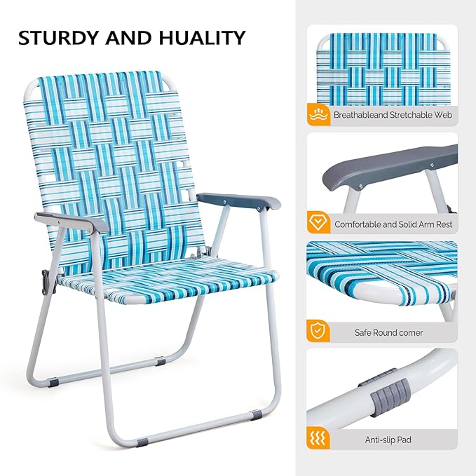 VINGLI Patio Lawn Webbed Folding Chairs Outdoor Beach Portable Camping Chair for Yard, Garden (2, White & Blue, Oversized)-VerdiqueGarden