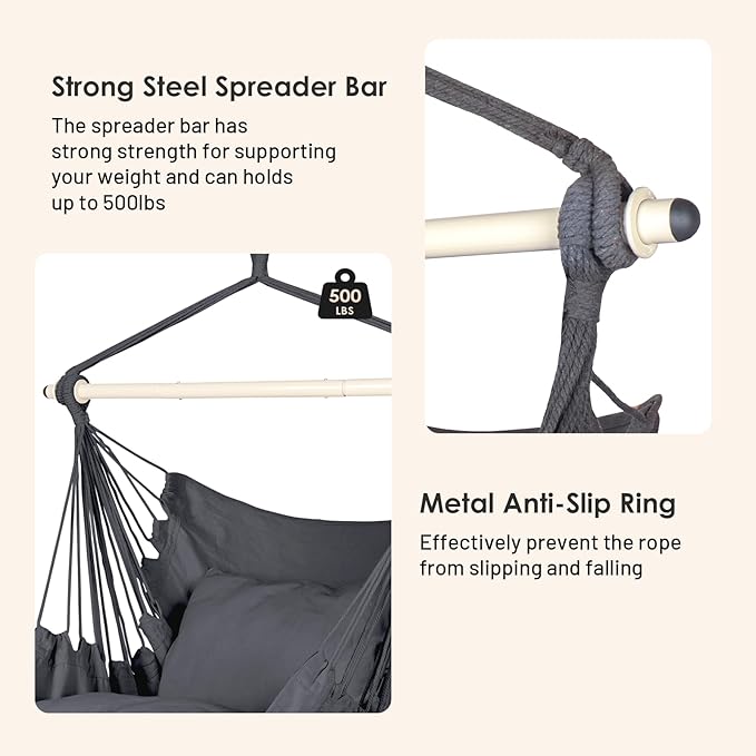 Highwild Hammock Chair Hanging Rope Swing - Max 500 Lbs - 2 Cushions Included - Steel Spreader Bar with Anti-Slip Rings - for Any Indoor or Outdoor Spaces (Grey)-VerdiqueGarden