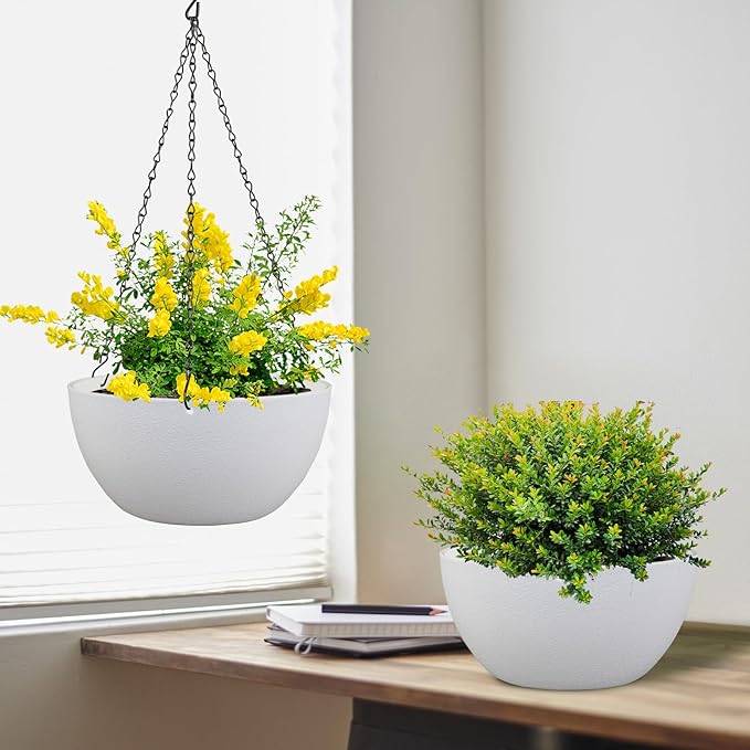 12 inch Large Hanging Planters for Indoor Outdoor Plants, 2 Pack Hanging Flower Pots with Drainage Holes and Chain for Garden Porch, Plastic Hanging Baskets for House Plants, White-VerdiqueGarden
