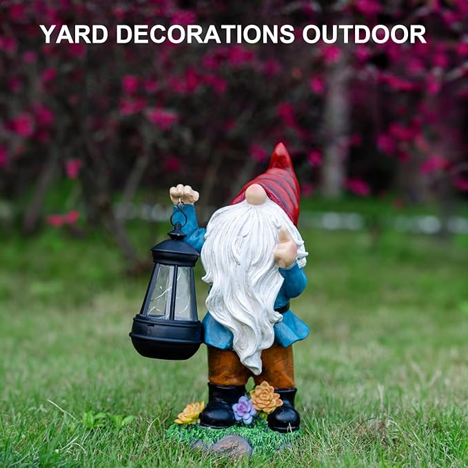 Solar Garden Statue Lights Gnome Figurine with Solar Lantern, Outdoor Garden Succulent Ornaments Waterproof Christmas Decoration for Outside Patio Yard Lawn Decor-VerdiqueGarden