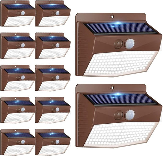 [12 Packs] Solar Outdoor Lights Motion Sensor Solar Security Lights Waterproof with 3 Lighting Modes Solar Powered Wall Lights Outside for Garden Fence Yard,Brown-VerdiqueGarden