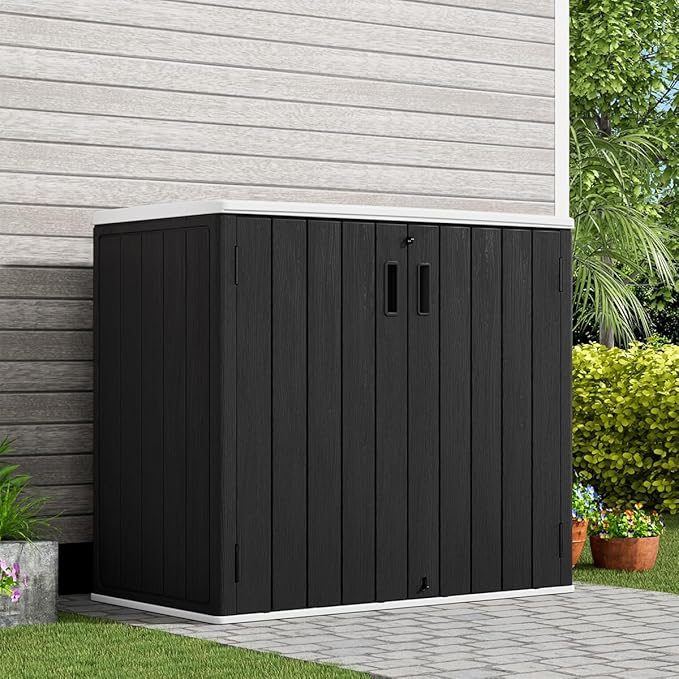 KINYING Outdoor Horizontal Storage Sheds,37 Cu.ft Outdoor Storage Cabinet Waterproof Resin Tool Storage Box for Lawn Mower,Garden Tools and Patio Furniture, Lockable (Black)-VerdiqueGarden