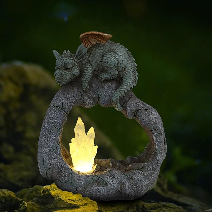 Solar Powered Dragon Statue ，Garden Decor with Crystal LED Lights Handmade Waterproof Resin Dinosaur Outdoor Patio Lawn Sculpture Perfect Christmas (Crystal Dragon)-VerdiqueGarden