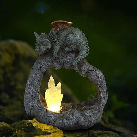 Solar Powered Dragon Statue ，Garden Decor with Crystal LED Lights Handmade Waterproof Resin Dinosaur Outdoor Patio Lawn Sculpture Perfect Christmas (Crystal Dragon)-VerdiqueGarden