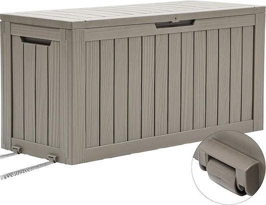 YITAHOME 72 Gallon Outdoor Resin Deck Box with Wheels, Pool Storage Box for Outdoor Cushions, Sports Equipment, Garden Tools, Light Brown-VerdiqueGarden