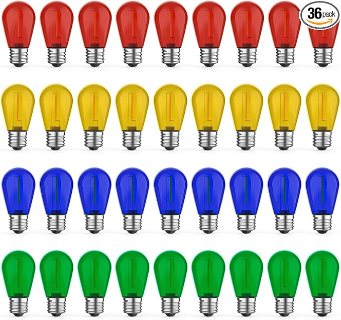 36 Pack LED S14 Colored Light Bulbs for Outdoor String Lights, Shatterproof 1W Replacement Bulbs for Party Lights, 2200K Warm White, Dimmable, E26 Base, Multi-Color: Red/Green/Blue/Orange-VerdiqueGarden