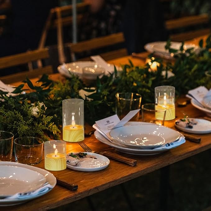 Battery Operated Candles with 6H Timer, 3 Pack Glass LED Flikcering Flameless Candles, Clear Pillar Candles with 3D Flame for Spring Wedding Home Bedroom Decor(Set of 3)-VerdiqueGarden