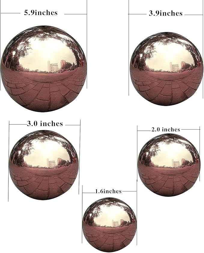 Nerien Gazing Ball, Stainless Steel Garden Mirror Globe, Polished Ornament Sphere, Hollow Floating Reflective Hemisphere, for Home Outdoor Pond Housewarming Swimming Pool Decoration, Rose Gold, 5Pcs-VerdiqueGarden