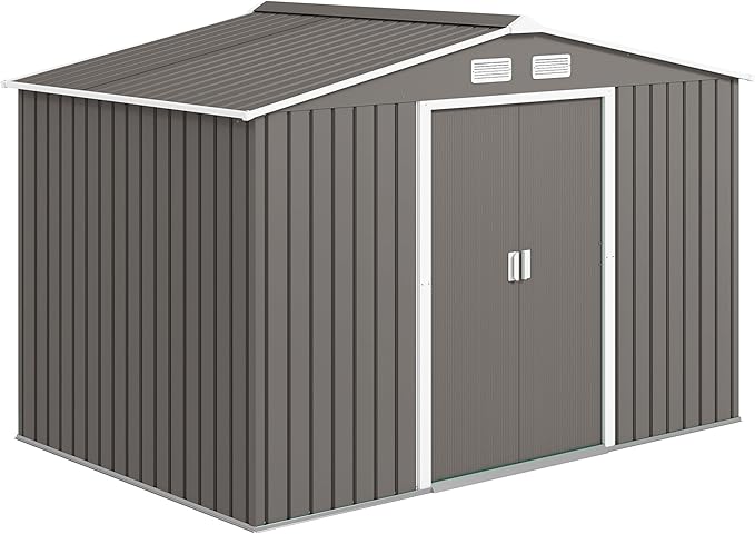 Outsunny 9' x 6' Outdoor Storage Shed, Garden Tool Metal Shed with Foundation Kit, Double Lockable Door, Air Vents and Sloping Roof, for Backyard, Patio, Lawn, Gray-VerdiqueGarden