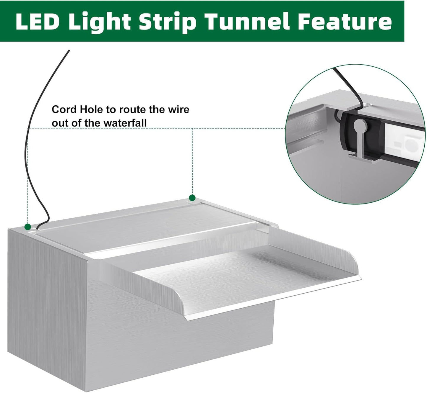 Waterfall Pool Fountain LONGRUNNEW 304 Stainless Steel 9.06" Rectangular Waterfall Spillway, Water Fall Fountain with Pipe Connector for Garden Outdoor, Swimming Pools, Fountains, Pond and Spa-VerdiqueGarden