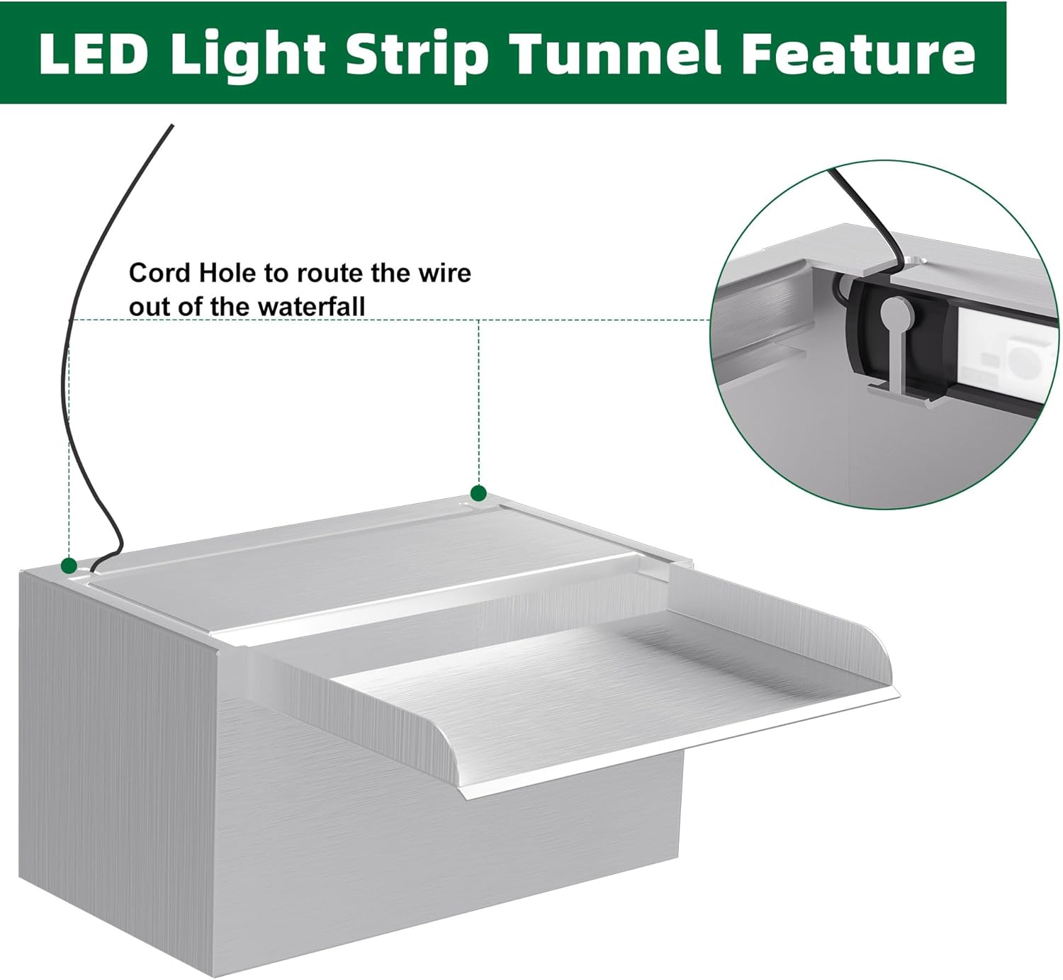 Waterfall Pool Fountain LONGRUNNEW 304 Stainless Steel 9.06" Rectangular Waterfall Spillway, Water Fall Fountain with Pipe Connector for Garden Outdoor, Swimming Pools, Fountains, Pond and Spa-VerdiqueGarden