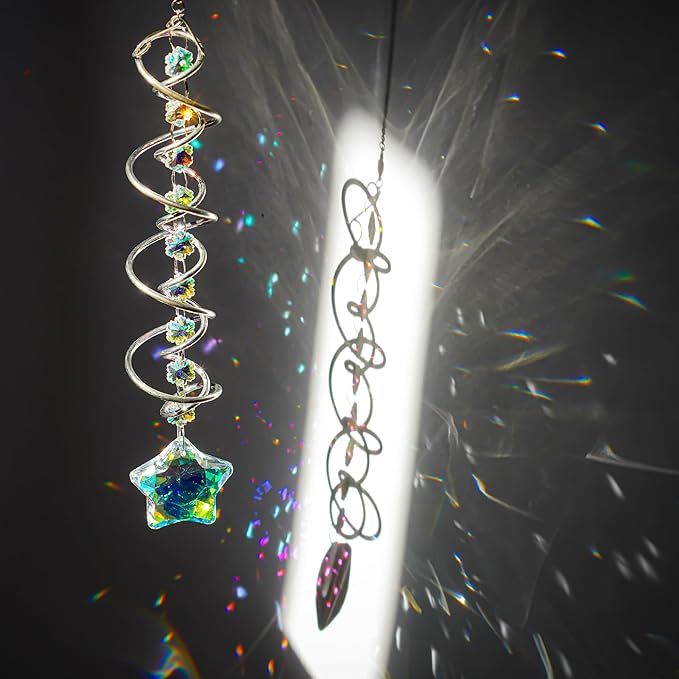 H&D HYALINE & DORA 21inch Crystal Suncatcher for Window Hanging Double-Spiral Design Gazing Ball Spiral Tail Wind Spinners Sun Catchers Rainbow Maker Indoor Outdoor Christmas Decoration-VerdiqueGarden