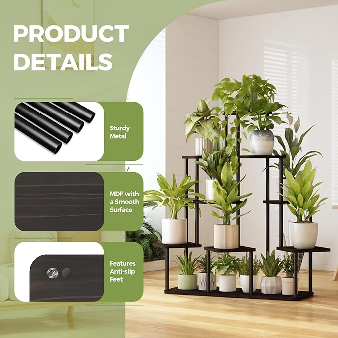 Bamworld Large Plant Stand Indoor, 9 Tier Tall Metal Plant Shelf for Multiple Plants, Tiered Flower Stand for Patio Garden Balcony Living Room Bedroom(Black)-VerdiqueGarden