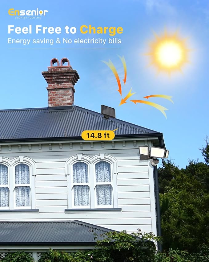 Ensenior 1800LM Solar Flood Lights Outdoor, Motion Sensor Outdoor Light 6500K, IP65 Waterproof, Separate Solar Panel, Solar Security Light with 5 Sensor Modes and 3 Adjustable Head for Yard (Black)-VerdiqueGarden