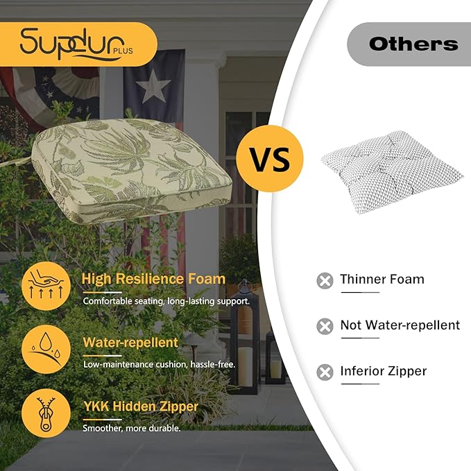 Outdoor Round Corner Seat Cushion, 17"x16"x2", Set of 4, Non Slip Seat Cushion Pads with Removable Cover for Patio Furniture, Garden Yard Lawn, Dark Green Vine-VerdiqueGarden