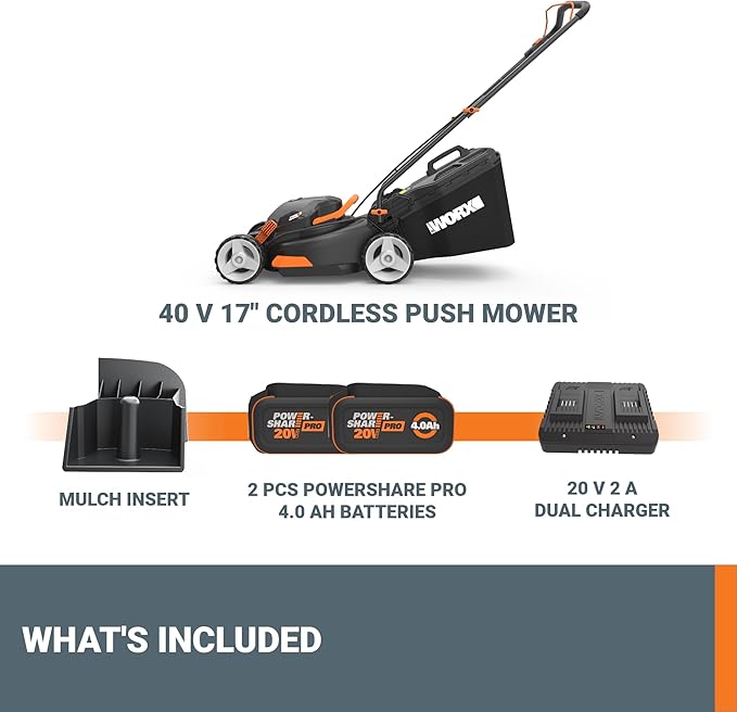 WORX 40V 17" Cordless Lawn Mower for Small Yards, 2-in-1 Electric Mower Cuts Quiet, Compact & Lightweight Push Lawn Mower with 7-Position Height Adjustment – 2 Batteries & Charger Included-VerdiqueGarden