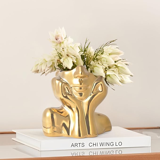 Gold Ceramic Human Face Decorative Vase - Shy Posture Modern Art Desktop Display for Bookshelf, Living Room, Office, Bedroom-VerdiqueGarden