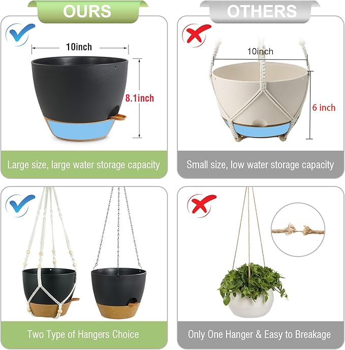 Self Watering Hanging Planters 10 inch, 2 Pack Hanging Flower Pots for Indoor Outdoor Plants, Hanging Baskets with Drainage Holes & 2 Kinds of Plant Hangers for Garden Home Decor, Black Brown-VerdiqueGarden