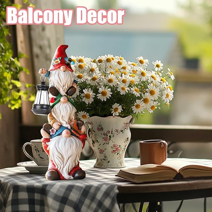 Garden Gnome Statue with Solar Lights Large Garden Sculptures Funny Triple Gnome Outdoor Patio Lawn Yard Balcony Garden Home Decor Gifts for Women Mom 12 in Spring Summer Gnomes Outdoor-VerdiqueGarden