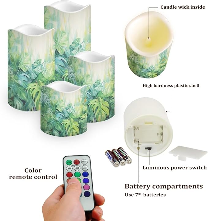 Ystardream Tropical Leaf Flameless Candles with Remote Battery Operated Candles Realistic LED Candles with Remote and Timer Set of 4 for Home Wedding Birthday Decorations-VerdiqueGarden