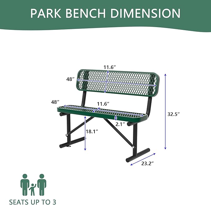 4/6/8 Feet Park Bench for Outside Heavy Duty Metal, Garden Benches Outdoor Bench with Backrest & Portable Frame, for Shopping Malls Stores Parks Patios Decks, Green-VerdiqueGarden
