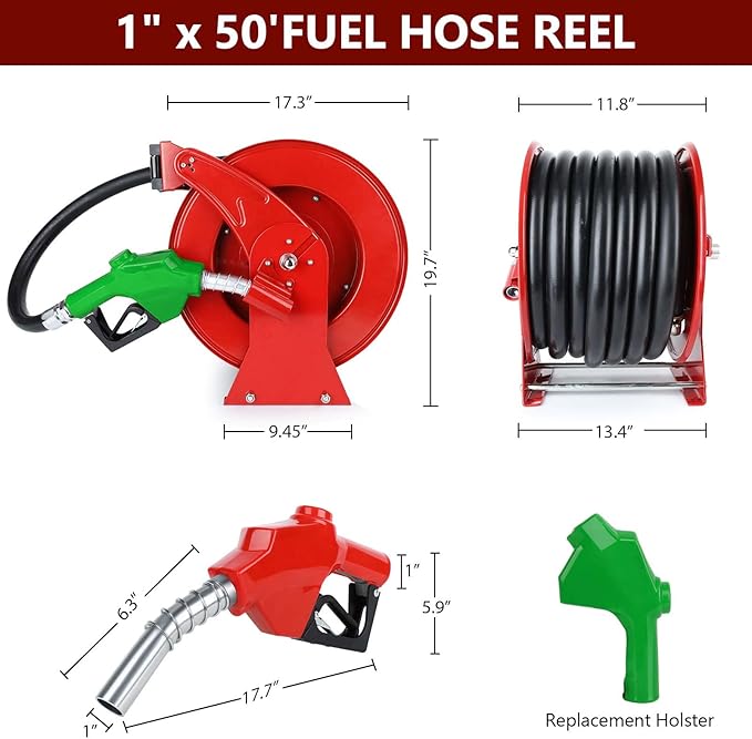 Fuel Hose Reel with Fueling Nozzle, 1" x 50FT Retractable Diesel Hose Reel, 300 PSI Industrial Heavy Duty Auto Swivel Rewind Hose Holder Reels, for Vehicle Tank Truck Trailer Ship-VerdiqueGarden