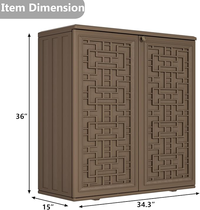 HOMSPARK Indoor/Outdoor Storage Cabinet with Doors and Shelf, 34”x16”x36” HDPE Plastic Storage Box for Bedroom, Bathroom, Living Room, Balcony, Multi-Purpose for Toys, Kitchen Tools, Coffee-VerdiqueGarden