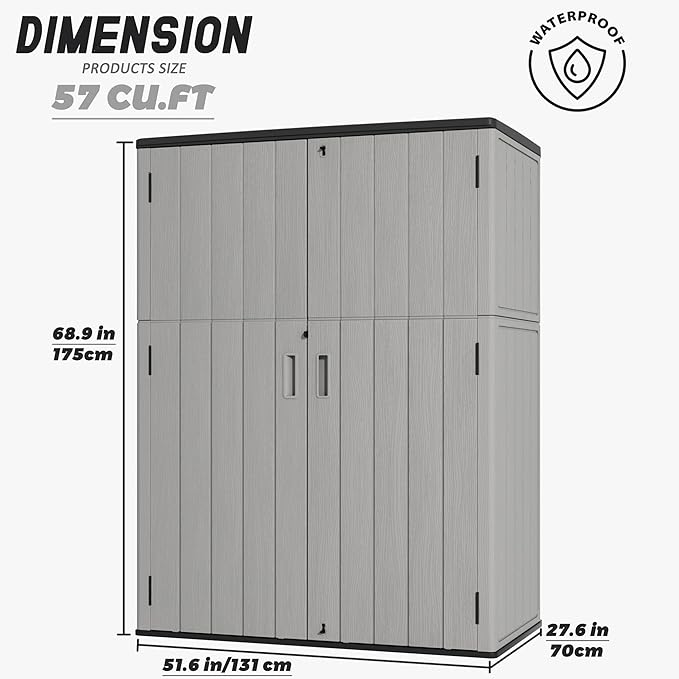 Outdoor Storage Shed Waterproof,Resin Storage Sheds Outdoor with Floor,Outdoor Storage Cabinet for Garage Storage, Pool Storage, Bike, Garden (57Cu.ft)-VerdiqueGarden