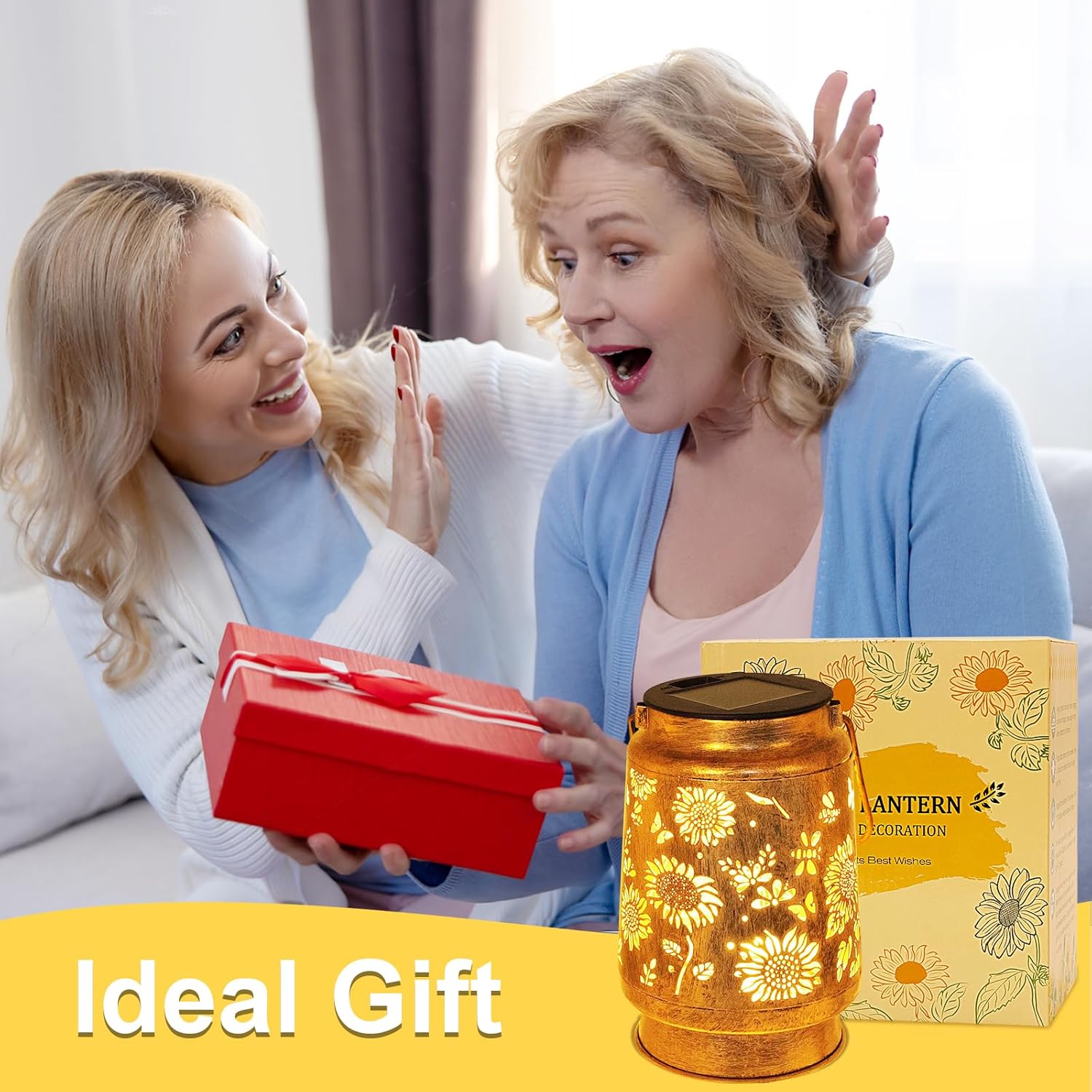 2 Pack Sunflower Solar Lanterns Garden Decor, Birthday Gifts for Women Mom Grandma Metal Hanging Solar Lights Outdoor Waterproof LED Decoration with Shepherd Hook Outside for Yard Porch Lawn Patio-VerdiqueGarden