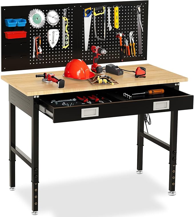 48" Workbench with Drawers, Adjustable Height Work Bench 2000 LBS Heavy-Duty Work Table Rubber Wood Work Station with Power Outlet & Pegboard for Garage, Office, Workshop, Home, Party Shop-VerdiqueGarden