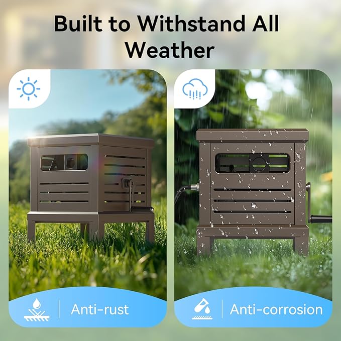 Hose Reel, Heavy Duty Hose Reel Box Hideaway Holds 100 ft x 5/8" Hose, Never-Leak System, Manual Crank Handle, Hose Guide, Stable Foot Pedal, Ideal for Yards, Patios, and Garden Sheds-VerdiqueGarden