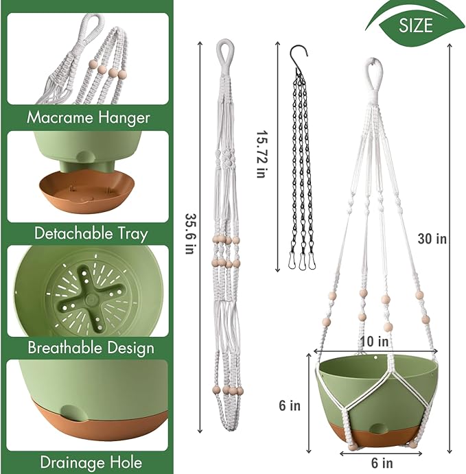 10 Inch Hanging Planters for Indoor Plants,Set of 2 Hanging Pots for Plants with Self-Watering, Outdoor Hanging Plant Pot with Drainage and 2 Kinds of Hanging Baskets Hangers for Home Decor and Garden-VerdiqueGarden