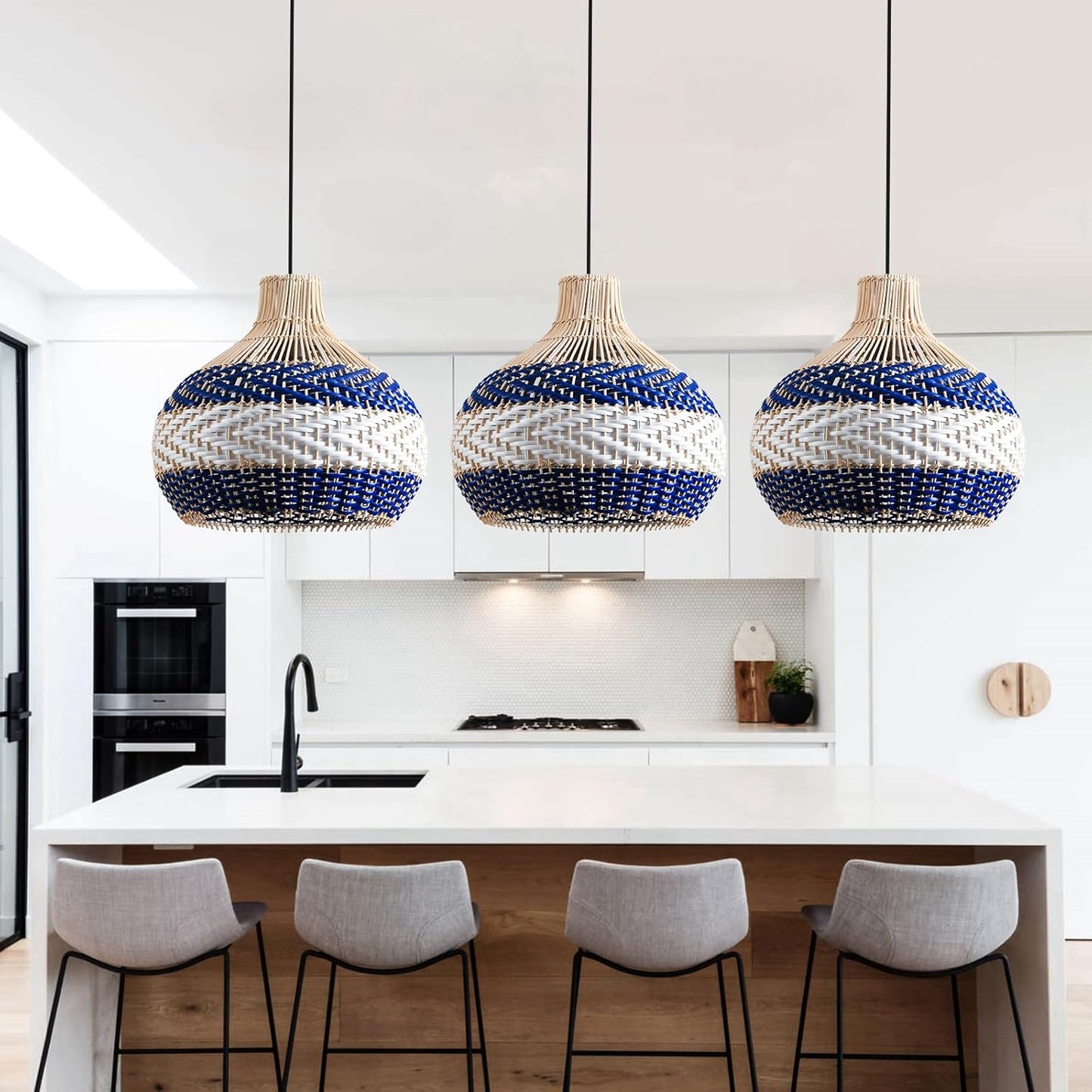 3-Light Rattan Pendant Light 15" Hand-Woven Blue White Wicker Basket Chandelier Boho Faux Rattan Hanging Light,for Living Room Bedroom Kitchen Hallway Dining Farmhouse 1-Pack-VerdiqueGarden