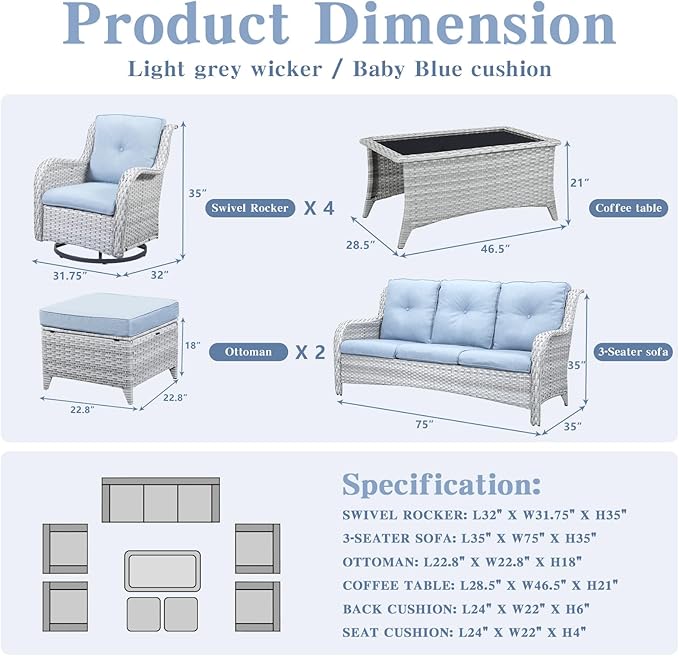 Wicker Patio Furniture Sets - 8 Piece Outdoor Rattan Furniture Conversation Sets with 4 Swivel Rocker Chairs, Rattan Sofa, Wicker Ottomans and Coffee Table, Light Grey/Baby Blue-VerdiqueGarden
