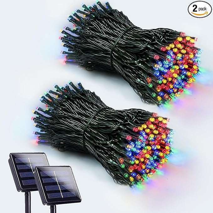 2 Pack 200 LED Solar Christmas Lights Outdoor, Solar String Lights for Outside with 8 Lighting Modes, Waterproof Green Wire Solar Powered Tree Light for Xmas Party Yard Garden Decorations (Multicolor)-VerdiqueGarden