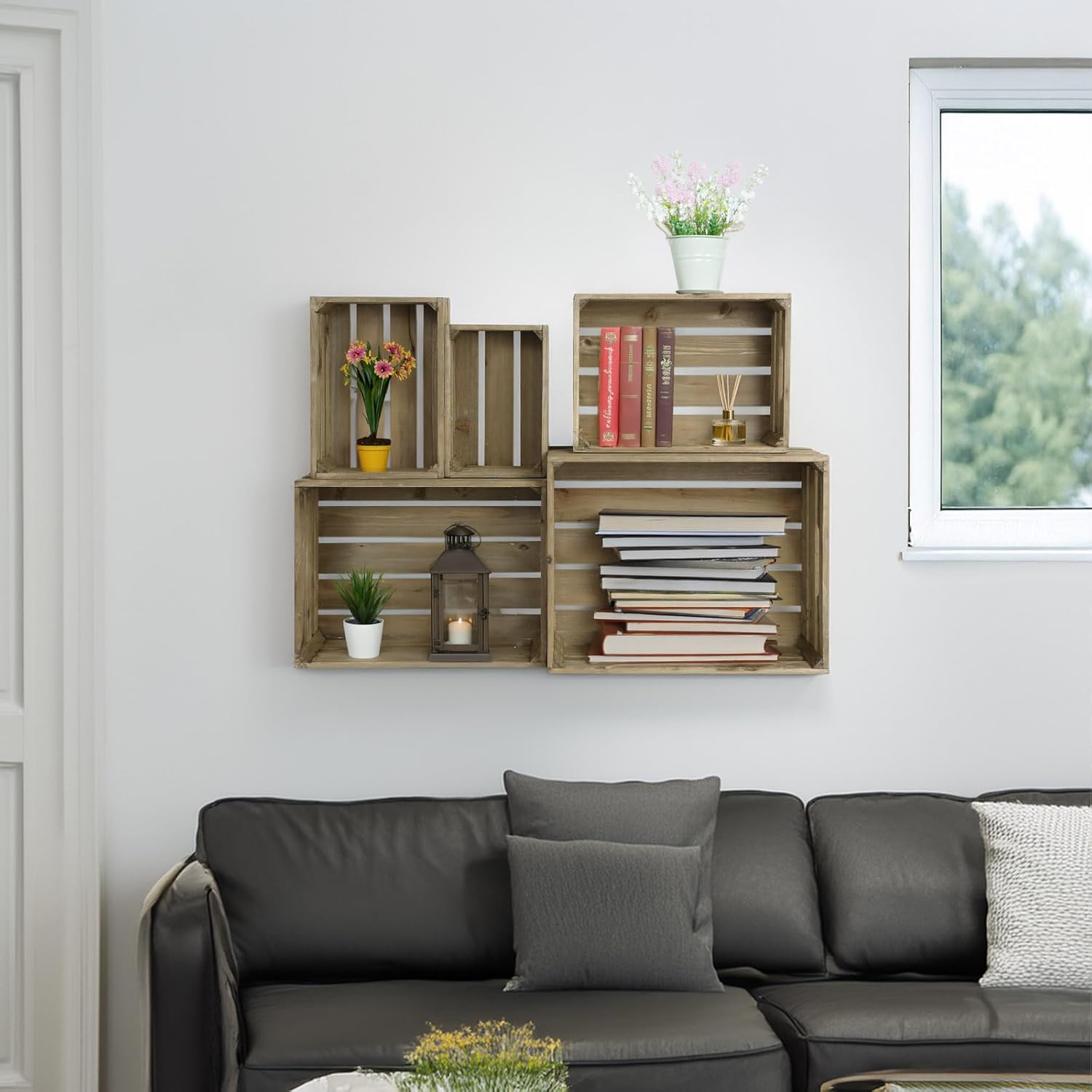 5-Piece Farmhouse Wooden Crate Set - Rustic Wooden Crates for Display and Storage, Large Grey Decorative Crates, Farmhouse Apple Crates, Painted Wood Crates for Decor-VerdiqueGarden