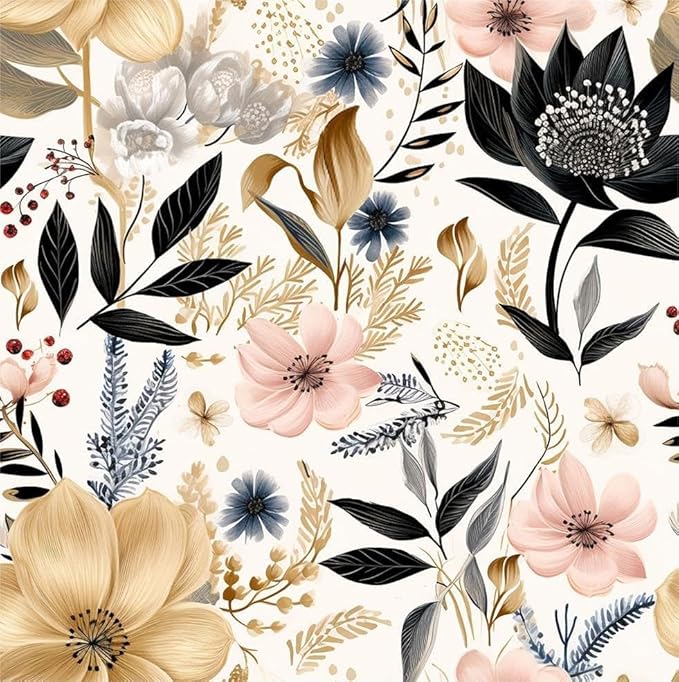 White/Pink/Gold Floral Garden Black Blue Flowers Vintage Peel and Stick Wallpaper Self Adhesive Removable Easy Peel Off Contact Paper Stick on Wall Paper for Bedroom Cabinet Renter Friendly-VerdiqueGarden