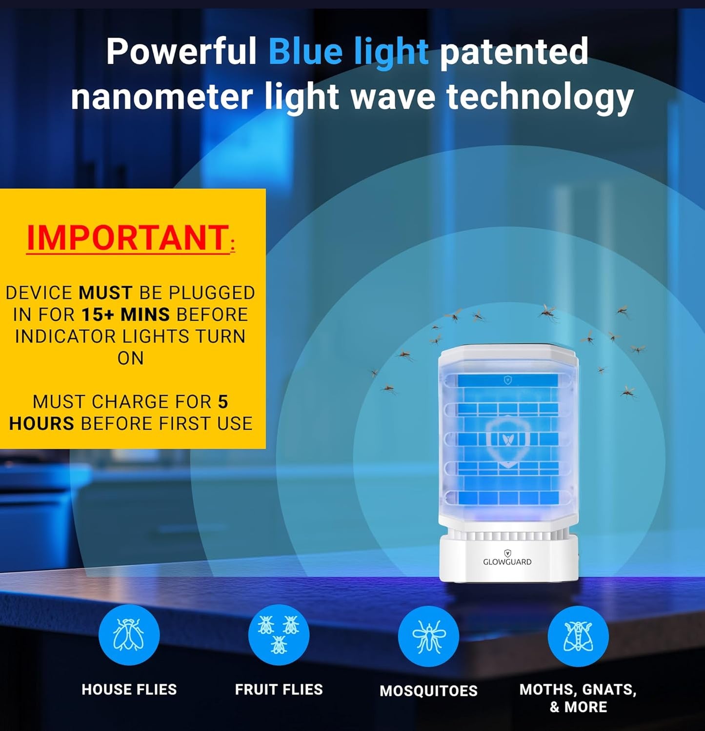 GlowGuard Cordless Flying Insect Trap Catches Fruit Flies, Indoor Gnat Killer, Magnet for Moths & Mosquitos in Dark, 1 Rechargeable Bug Trap + 4 Dual-Sided Sticky Pad Refills, 30hr Battery (White)-VerdiqueGarden