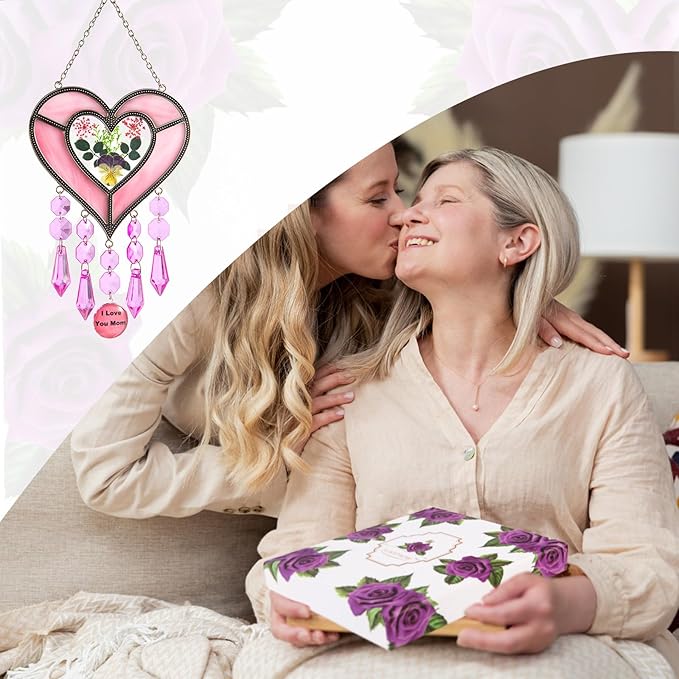 Gifts for Mom Suncatcher Heart Shaped I Love You Mom - Colored Glass Light Catcher Hanging Wind Chime Decorations Window Gifts Mother's Day Valentine's Day Birthday Christmas (Pink)-VerdiqueGarden
