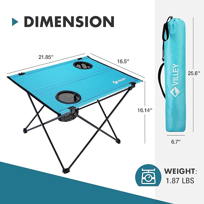 VILLEY Folding Camping Table, Lightweight Portable Beach Table with 2 Cup Holders & Carry Bag for Camping, Beach, Fishing, Travel, and Outdoor Activities (Small)-VerdiqueGarden