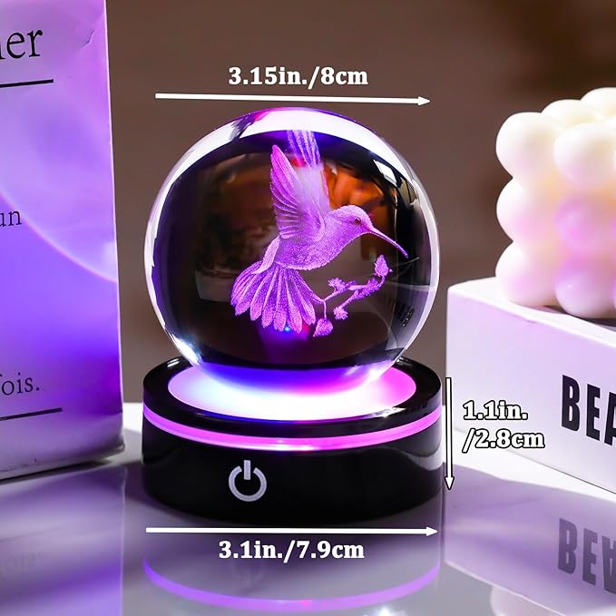 YWHL 3D Crystal Ball Hummingbird Figurine with LED Base, Hummingbird Gifts for Women Men Hummingbird Lovers on Christmas Birthday, Hummingbird Ornament Glass Decorative Ball for Home Decor (80mm)-VerdiqueGarden